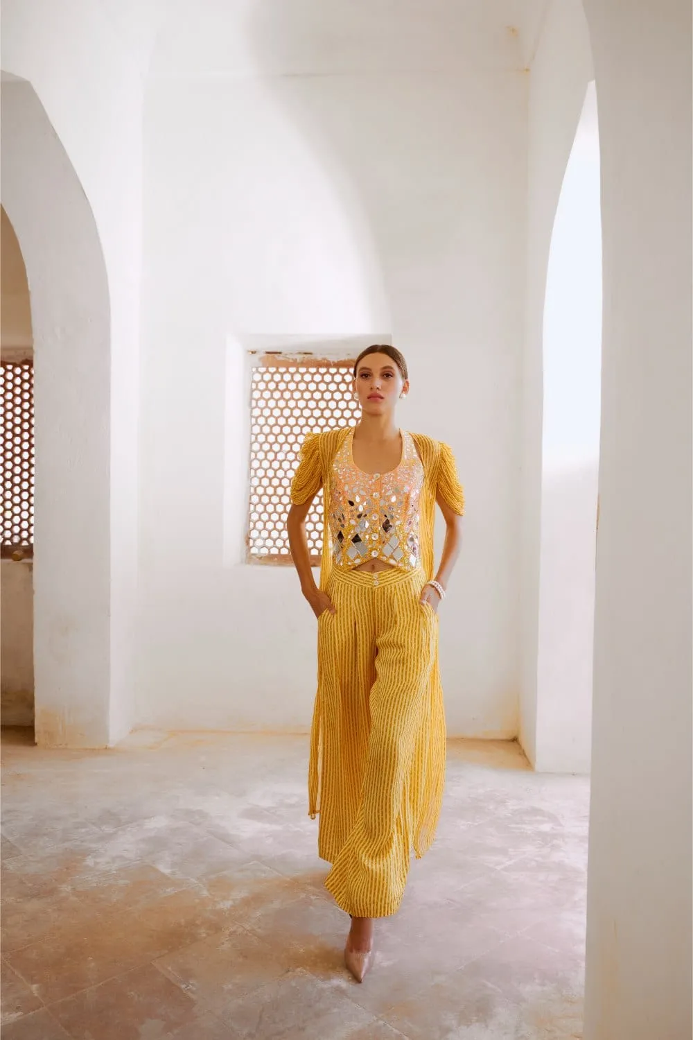 Gulbahar Daisy Yellow Sheesha Koti with Chiffon jacket and loose pant set.