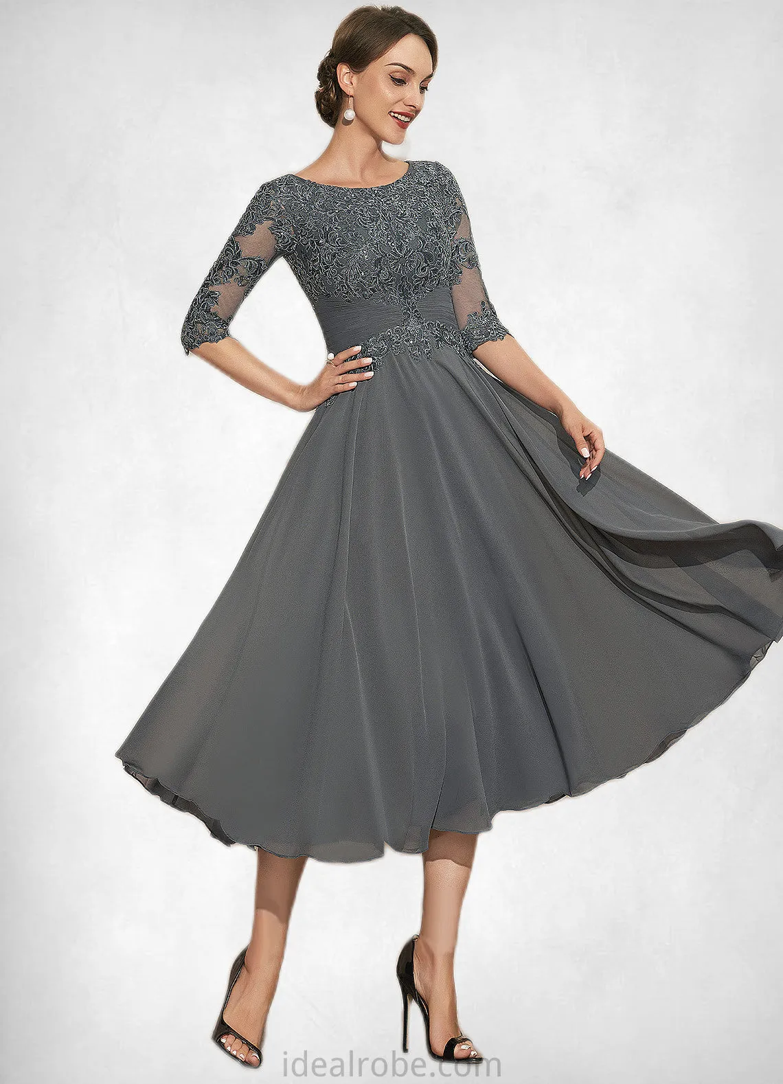 Hilary A-Line Scoop Neck Tea-Length Chiffon Lace Mother of the Bride Dress With Sequins STK126P0014642
