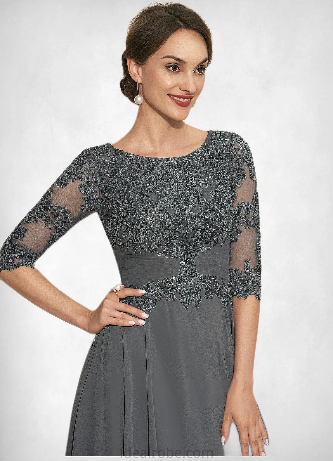 Hilary A-Line Scoop Neck Tea-Length Chiffon Lace Mother of the Bride Dress With Sequins STK126P0014642