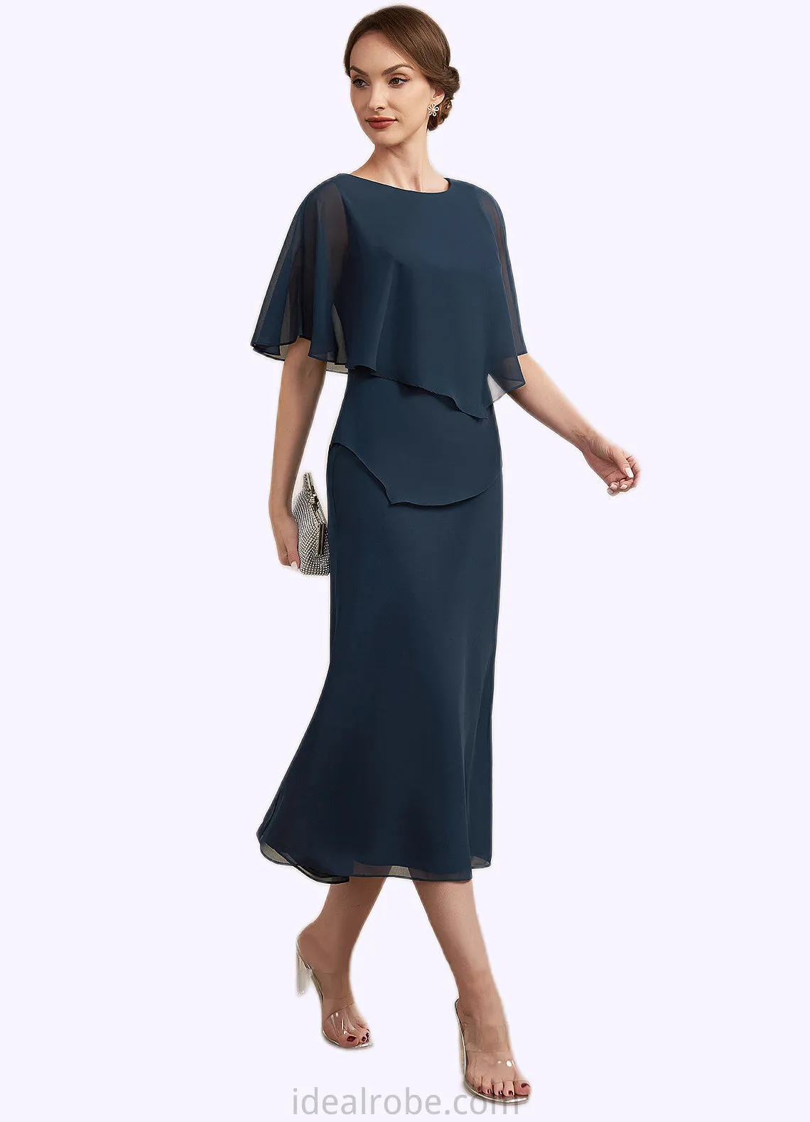Jaelyn Sheath/Column Scoop Neck Tea-Length Chiffon Mother of the Bride Dress STK126P0014646