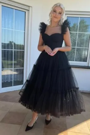 Luolandi Simple A-Line Sweetheart Homecoming Dress Tulle Tea Length Black