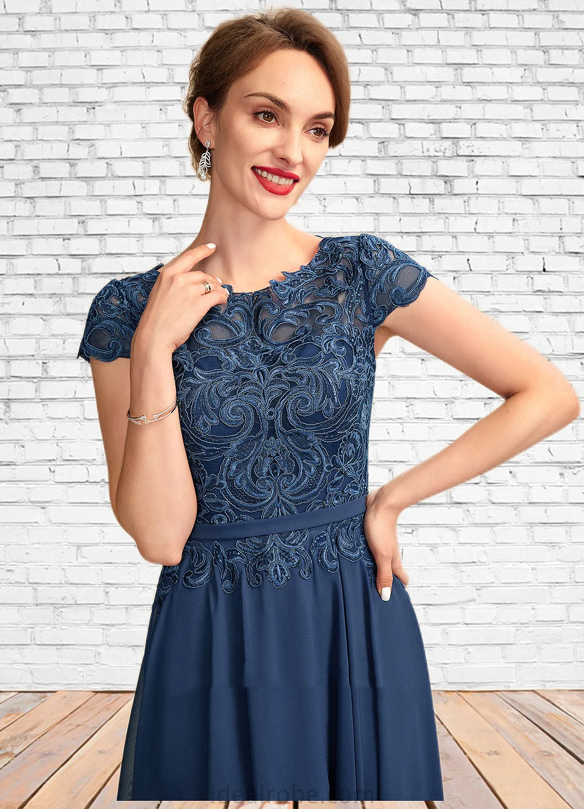 Milagros A-Line Scoop Neck Tea-Length Chiffon Lace Mother of the Bride Dress STK126P0015032