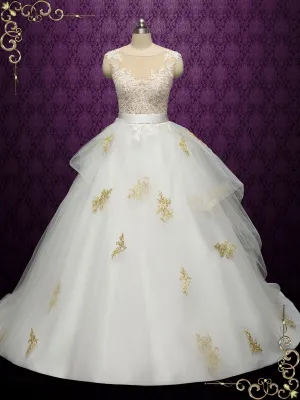 Ready to Wear Ball Gown Wedding Dress with Gold Lace and Nude Tulle Bodice DIMITRA