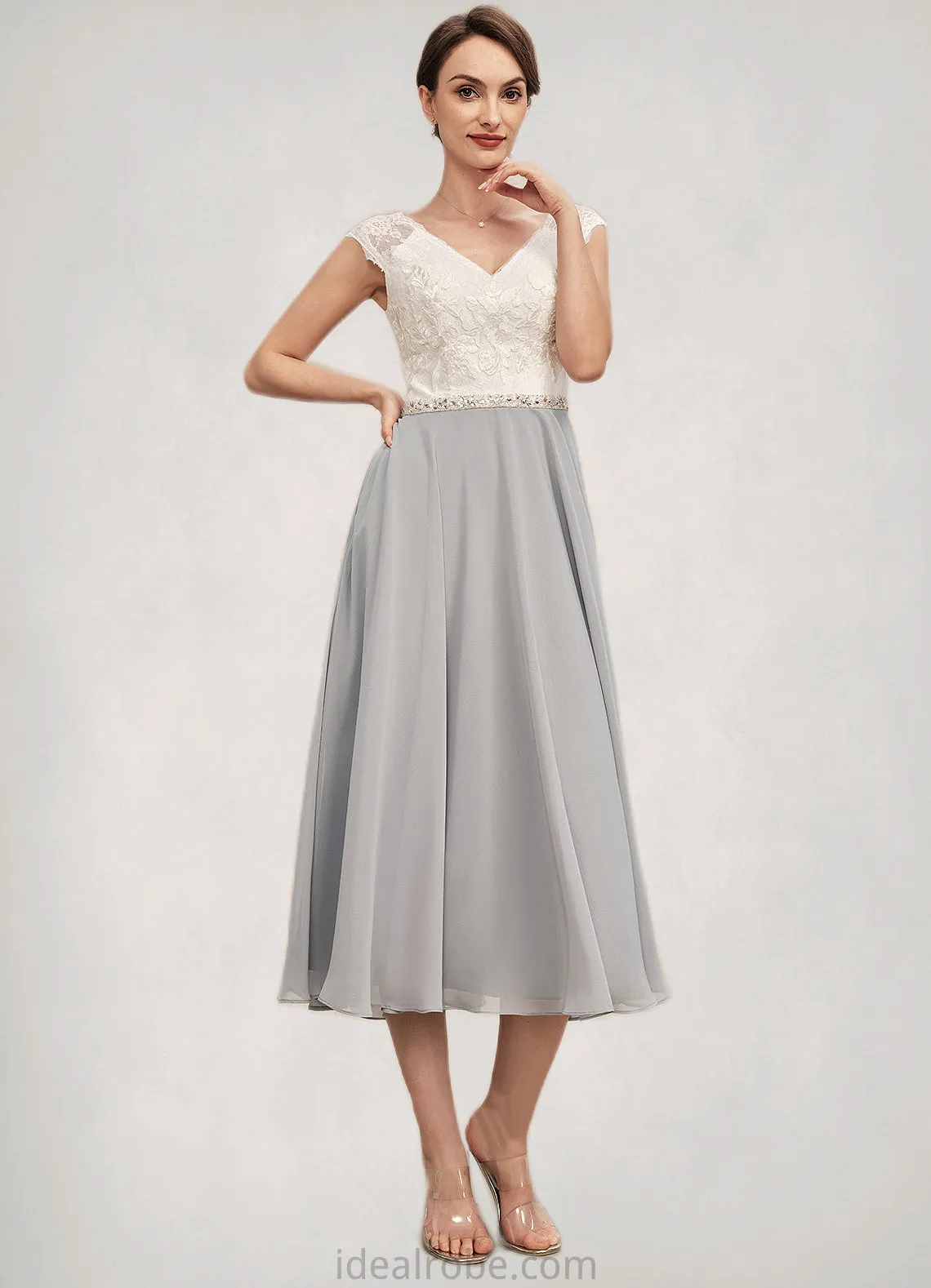 Regan A-Line V-neck Tea-Length Chiffon Lace Mother of the Bride Dress With Beading STK126P0014919