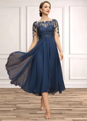 Saniya A-line Boat Neck Illusion Tea-Length Chiffon Lace Mother of the Bride Dress With Cascading Ruffles Sequins STKP0021702