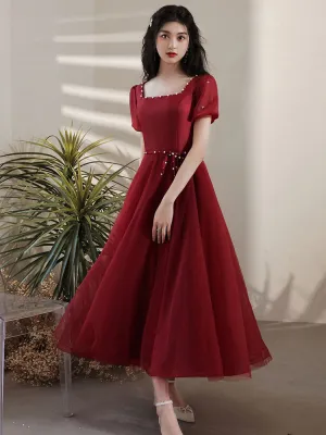 Simple Tea Length Burgundy Prom Dress, Burgundy Graduation Dresses