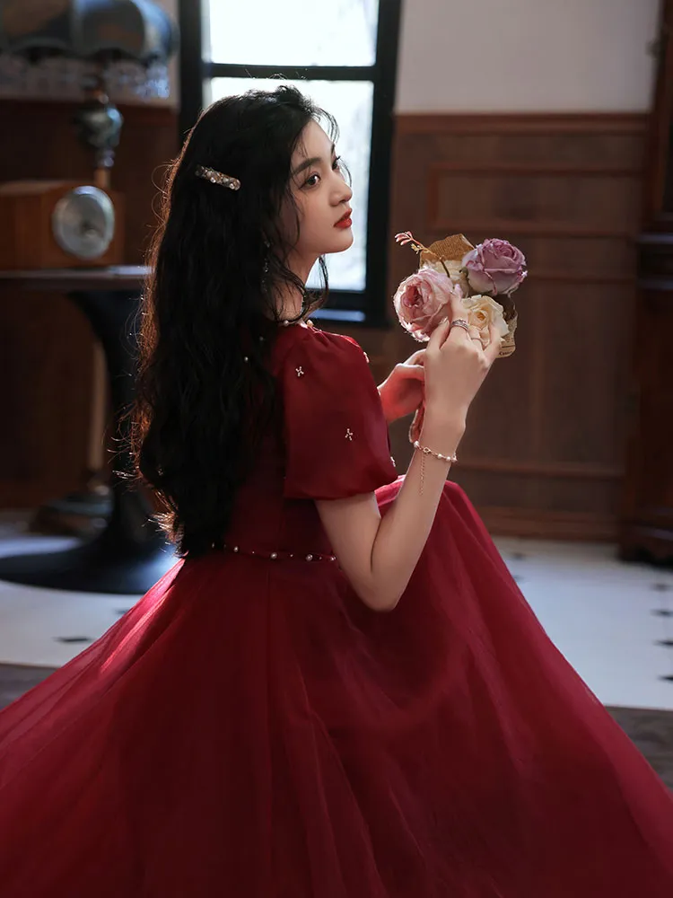 Simple Tea Length Burgundy Prom Dress, Burgundy Graduation Dresses