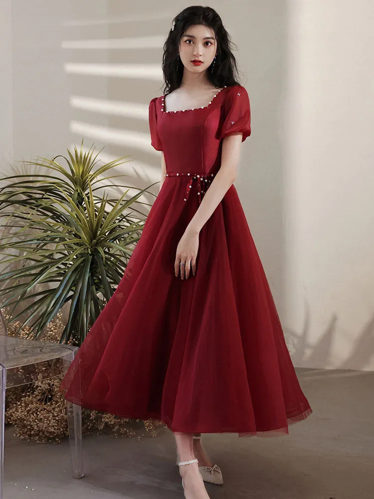 Simple Tea Length Burgundy Prom Dress, Burgundy Graduation Dresses