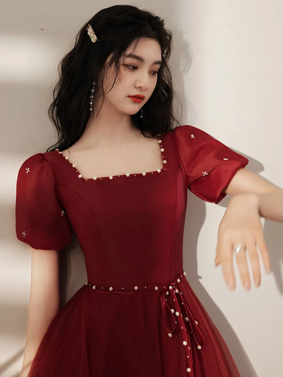 Simple Tea Length Burgundy Prom Dress, Burgundy Graduation Dresses