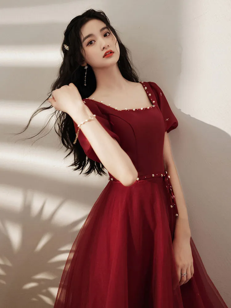 Simple Tea Length Burgundy Prom Dress, Burgundy Graduation Dresses