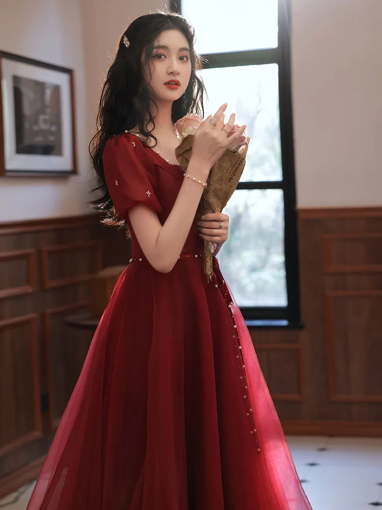 Simple Tea Length Burgundy Prom Dress, Burgundy Graduation Dresses