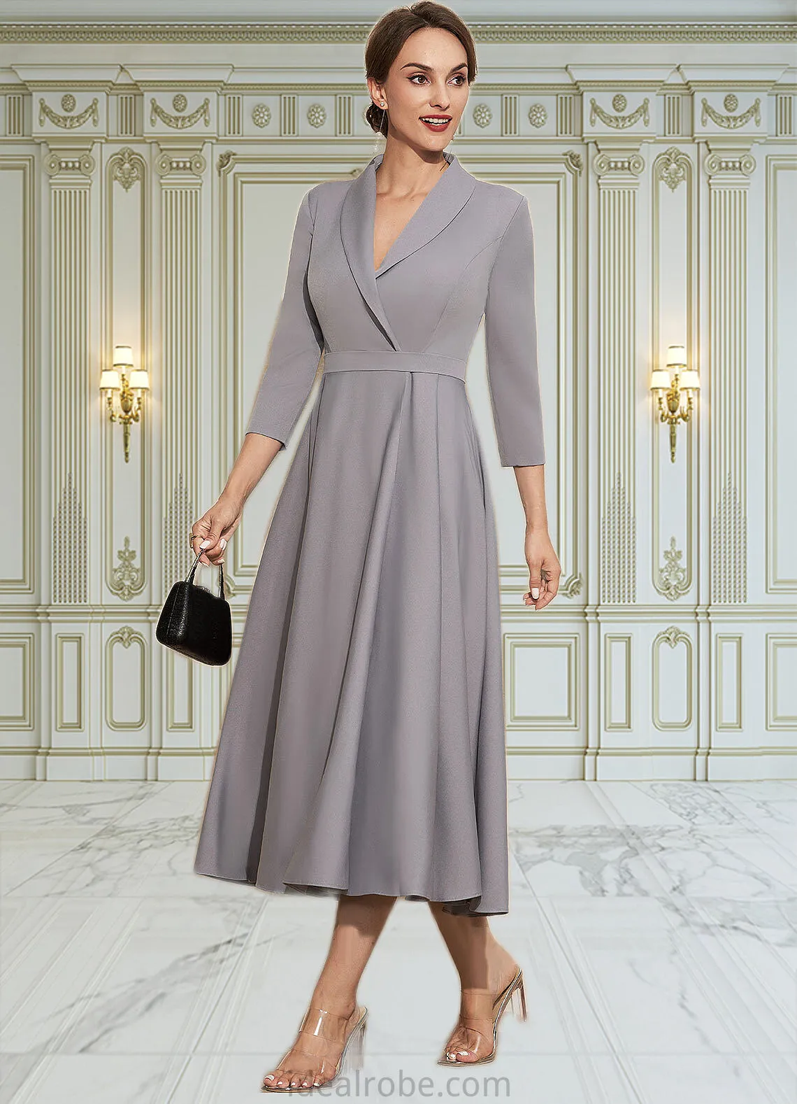 Taryn A-Line V-neck Tea-Length Stretch Crepe Mother of the Bride Dress STK126P0014844