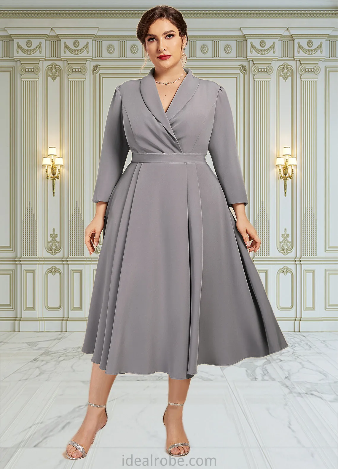 Taryn A-Line V-neck Tea-Length Stretch Crepe Mother of the Bride Dress STK126P0014844