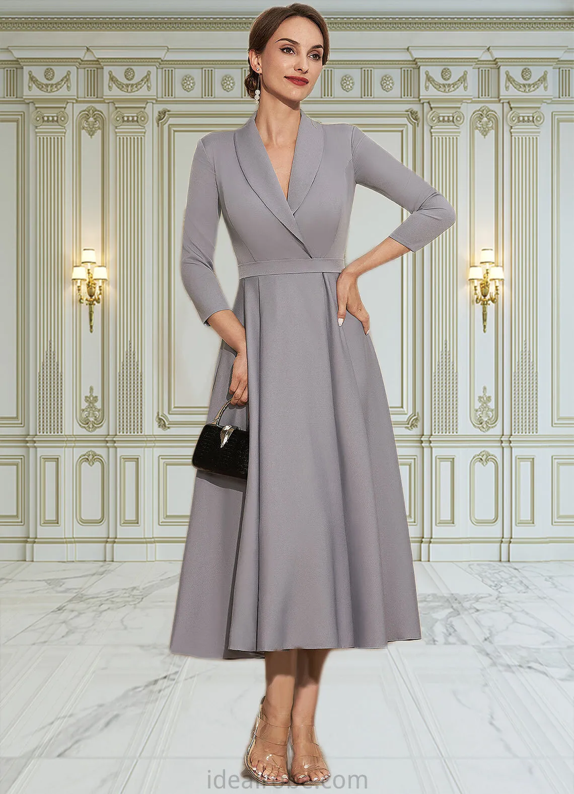 Taryn A-Line V-neck Tea-Length Stretch Crepe Mother of the Bride Dress STK126P0014844