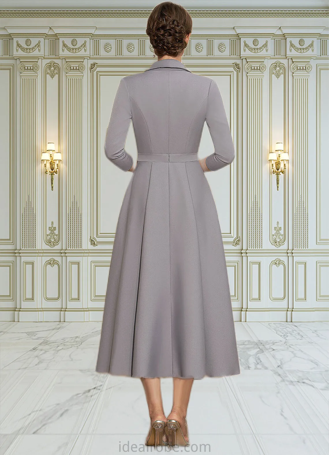 Taryn A-Line V-neck Tea-Length Stretch Crepe Mother of the Bride Dress STK126P0014844